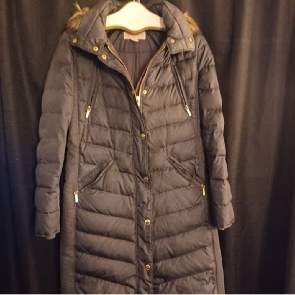 Michael Michael Kors Chevron Faux Fur Trim Hooded Down Puffer Coat Sz Small